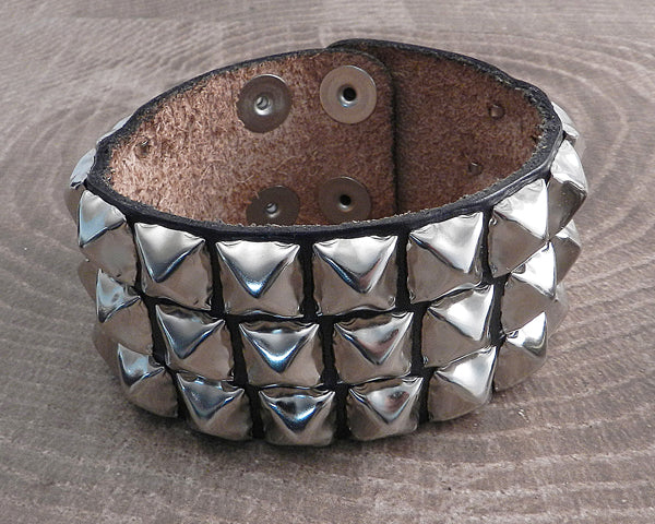 Leather Cuff Triple Pyramids Black Strap