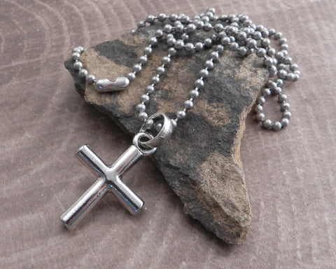 Bar Cross on Stainless Steel 30" Shot Bead Ball Chain