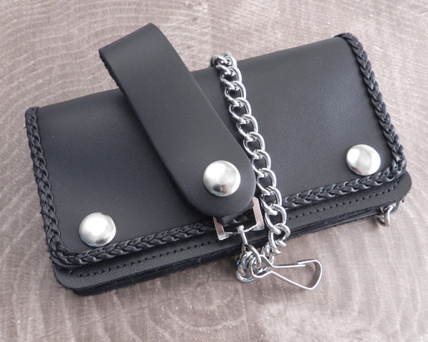 Black Leather Biker Chain Wallet with Braided Edge | AMiGAZ