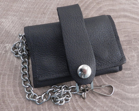 Chain Wallet Black Trifold Leather Biker Soft