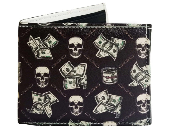 Vegan Leather Skull & Cash Bi-fold Wallet