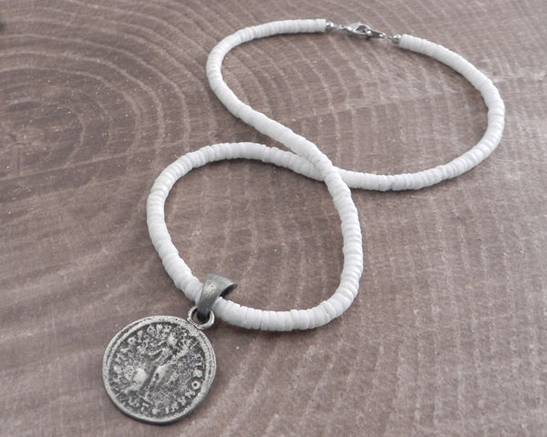 White Pukka Necklace with Phoenician Coin