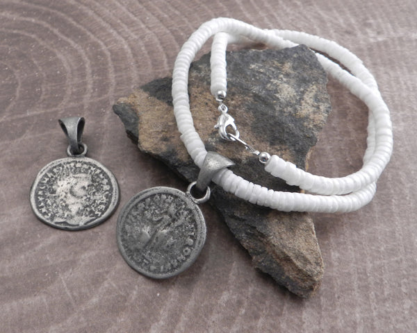 White Pukka Necklace with Phoenician Coin