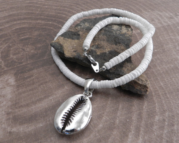 White Pukka Necklace with Cowry Shell Pendant