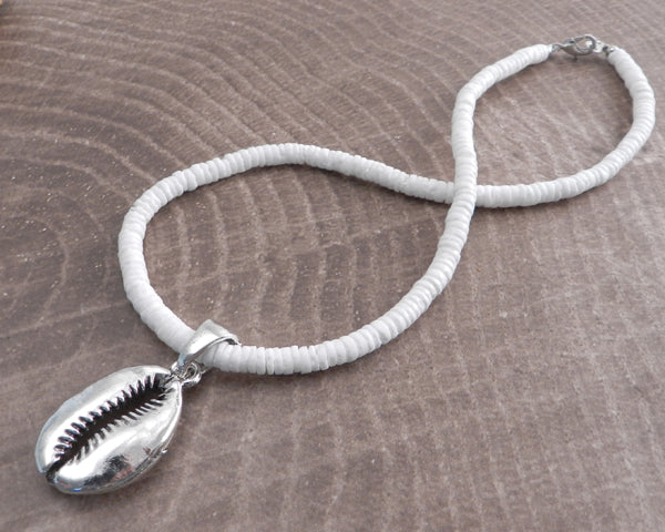White Pukka Necklace with Cowry Shell Pendant