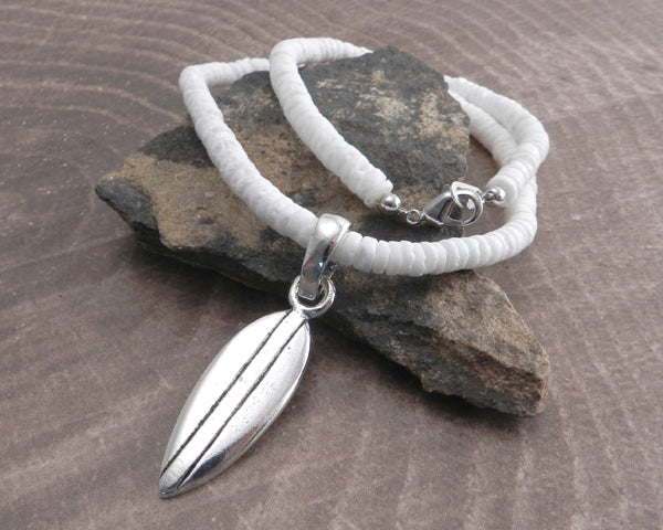 White Pukka Necklace with Surfboard