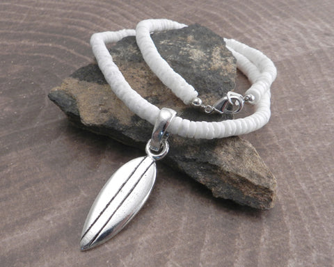 White Pukka Necklace with Surfboard