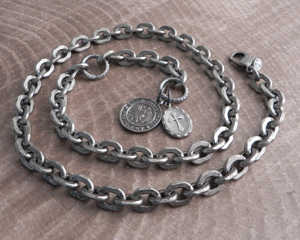Flat Iron Knight Hack Necklace with St Christopher & Oval Cross