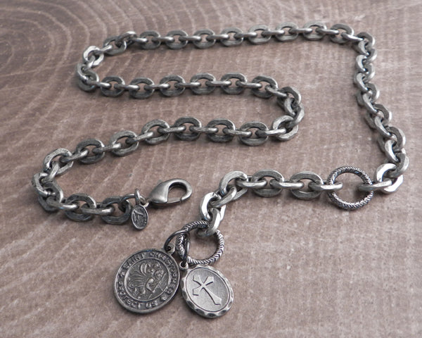 Flat Iron Knight Hack Necklace with St Christopher & Oval Cross
