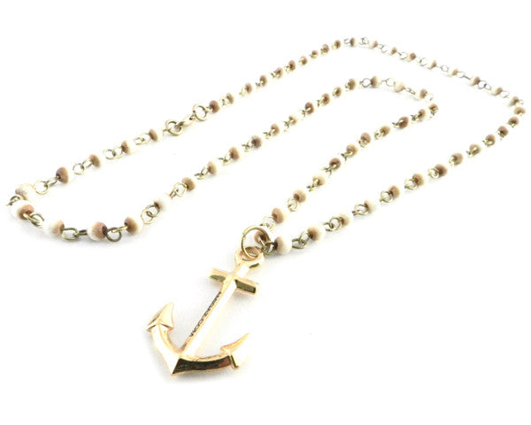 Bone Bead Chain Necklace w/Gold Anchor