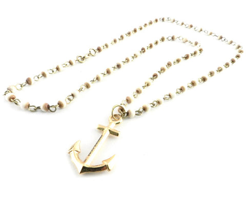Bone Bead Chain Necklace w/Gold Anchor
