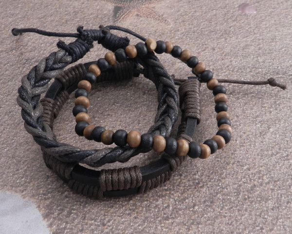 Rope Sliders & Wood Bead Bracelet 3 pack Brown