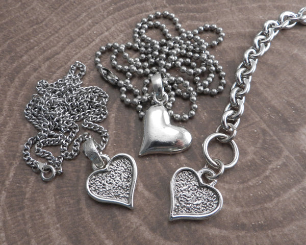 Textured Heart Pendant on Stainless Steel Ball Chain Necklace