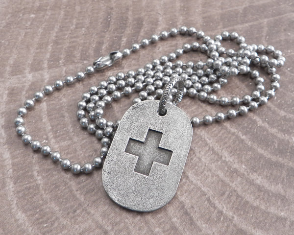 Dog Tag Cross on Stainless Steel Ball Chain Necklace