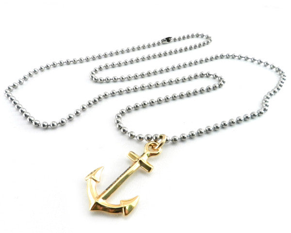 Gold Anchor on Stainless Steel Ball Chain Necklace