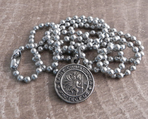 St. Christopher Coin on Stainless Steel Ball Chain Necklace