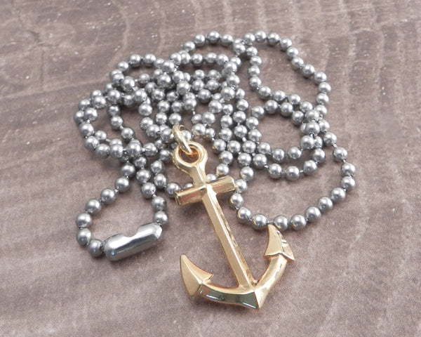 Gold Anchor on Stainless Steel Ball Chain Necklace