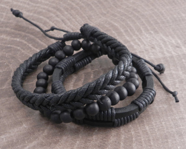 Rope Sliders & Wood Bead Bracelet 3 Pack Black