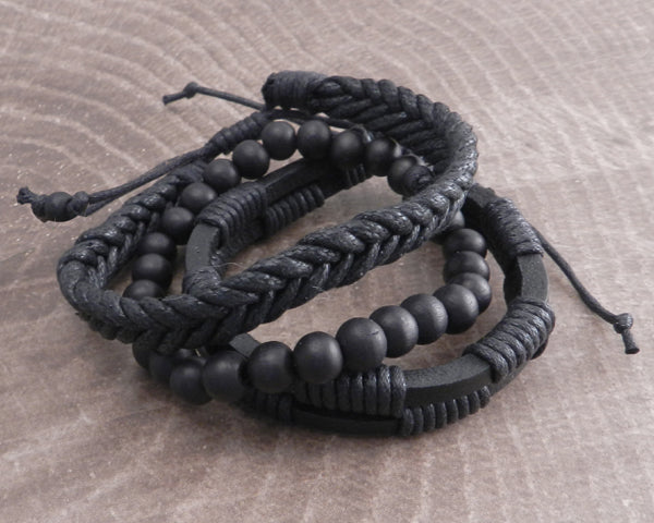 Rope Sliders & Wood Bead Bracelet 3 pack Black