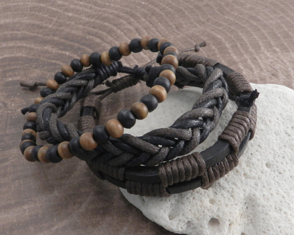 Rope Sliders & Wood Bead Bracelet 3 pack Brown