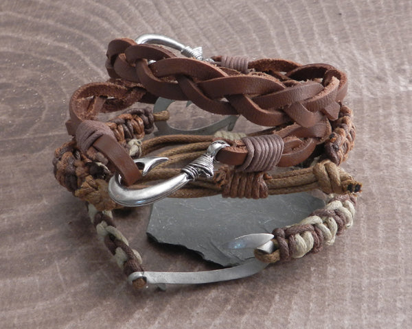 Fish Hook Braided Leather Bracelet