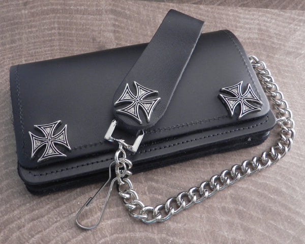 Black Leather Biker Chain Wallet with Iron Cross Snaps