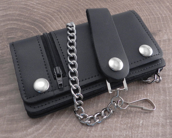 Black Leather Biker Chain Wallet with Zipper