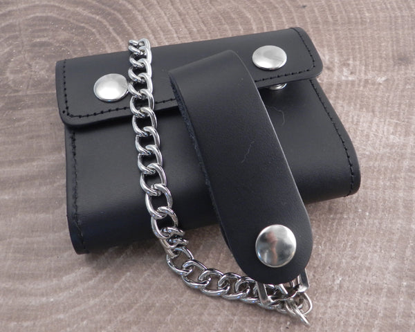 Black Leather Trifold Wallet with Chain