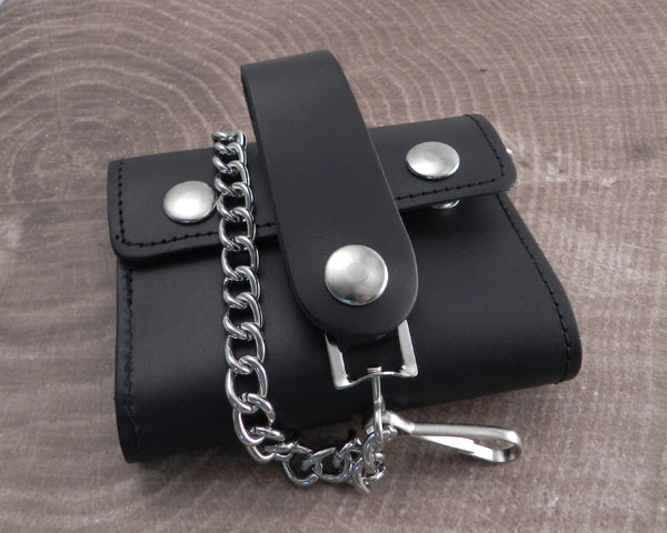 Black Leather Trifold Wallet with Chain