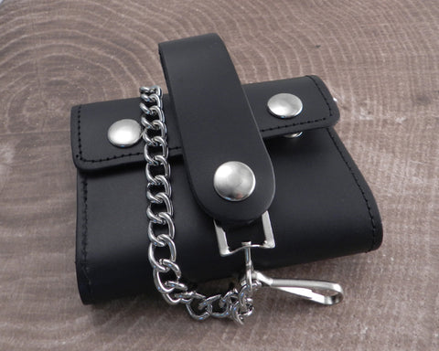 Black Leather Trifold Wallet with Chain