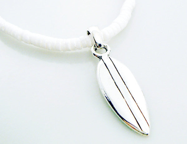 White Pukka Necklace with Surfboard