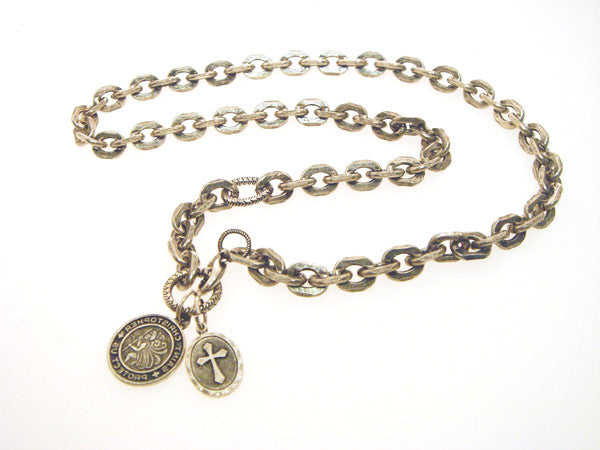 Flat Iron Knight Hack Necklace with St Christopher & Oval Cross