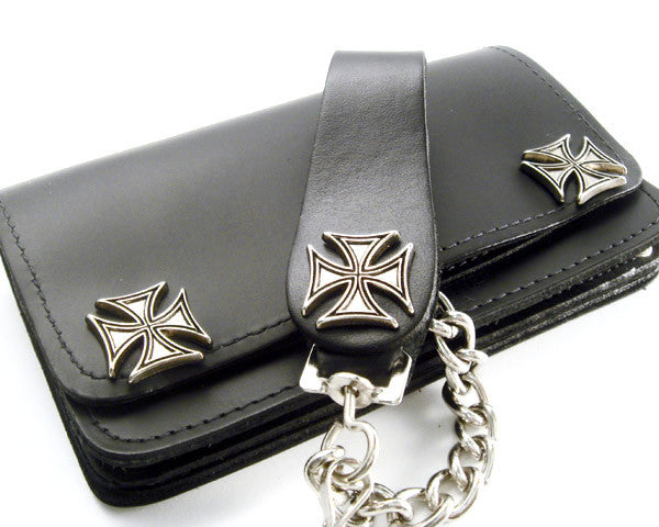 Black Leather Biker Chain Wallet with Iron Cross Snaps