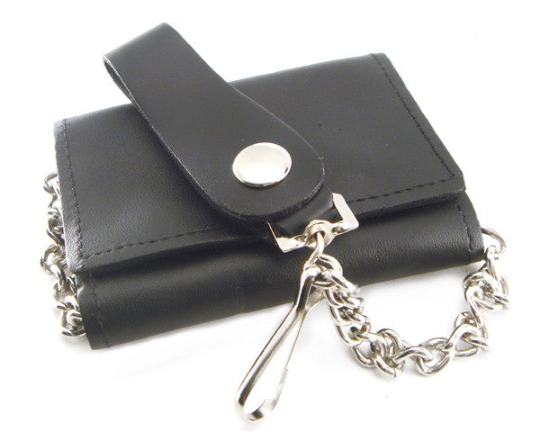 Black Leather Trifold Wallet with Chain