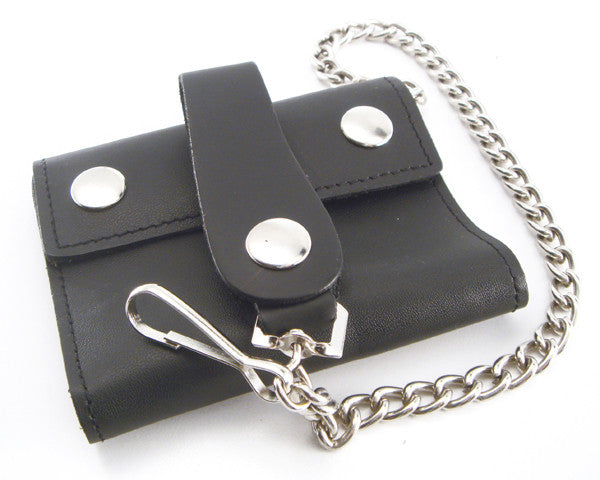 Black Leather Trifold Wallet with Chain